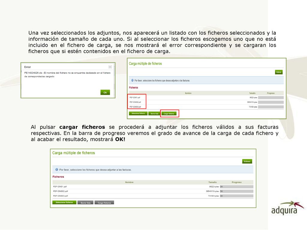 Una vez seleccionados los adjuntos, nos aparecerá un listado con los ficheros seleccionados y la información de tamaño de cada uno. Si al seleccionar los ficheros escogemos uno que no está incluido en el fichero de carga, se nos mostrará el error correspondiente y se cargaran los ficheros que si estén contenidos en el fichero de carga.