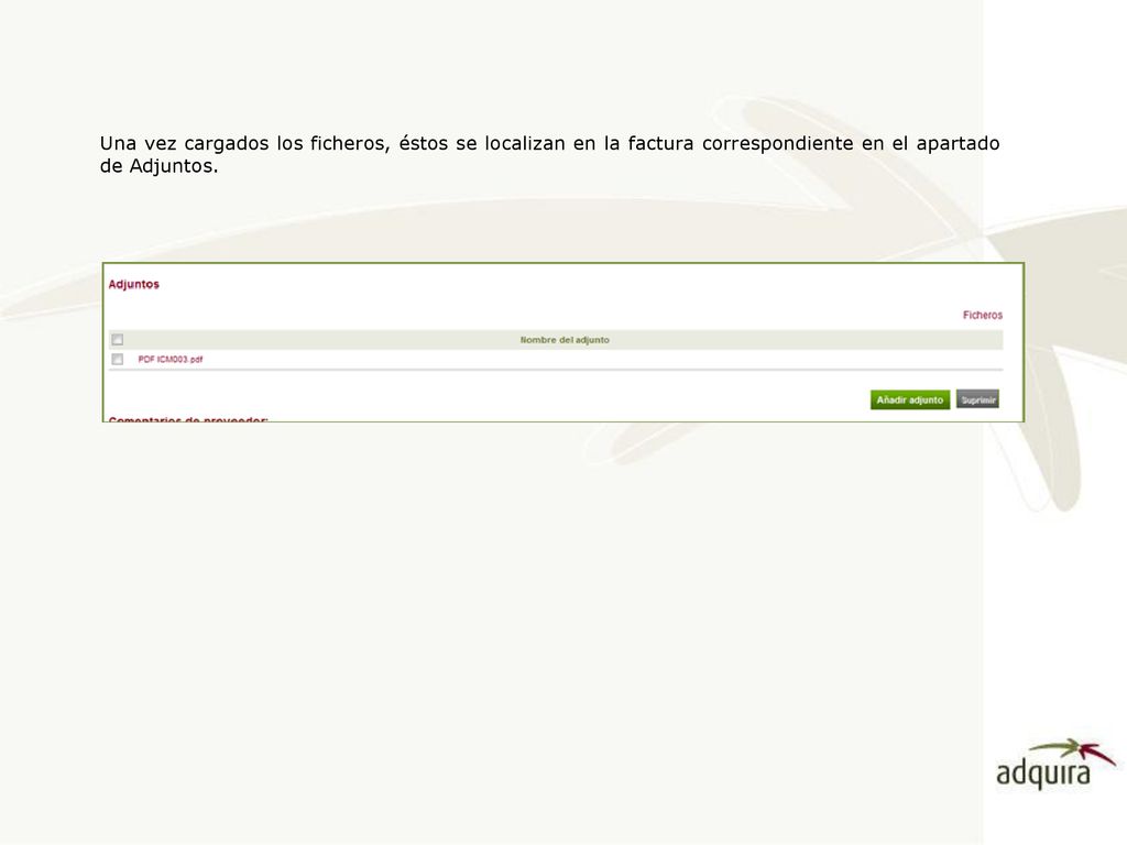Una vez cargados los ficheros, éstos se localizan en la factura correspondiente en el apartado de Adjuntos.