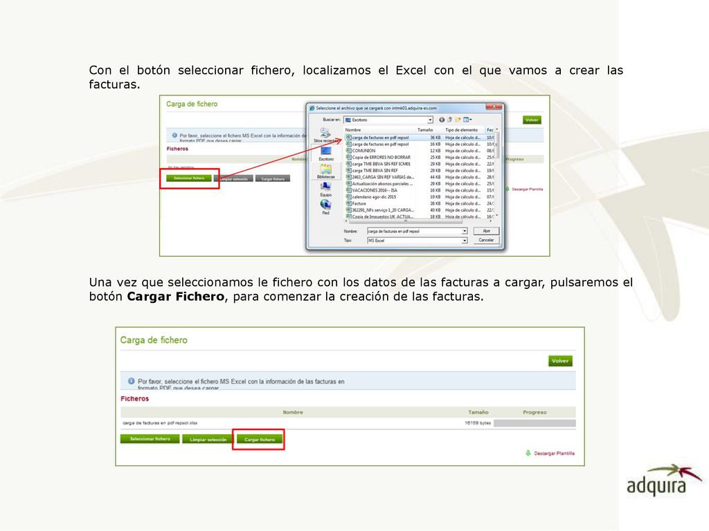 Con el botón seleccionar fichero, localizamos el Excel con el que vamos a crear las facturas.