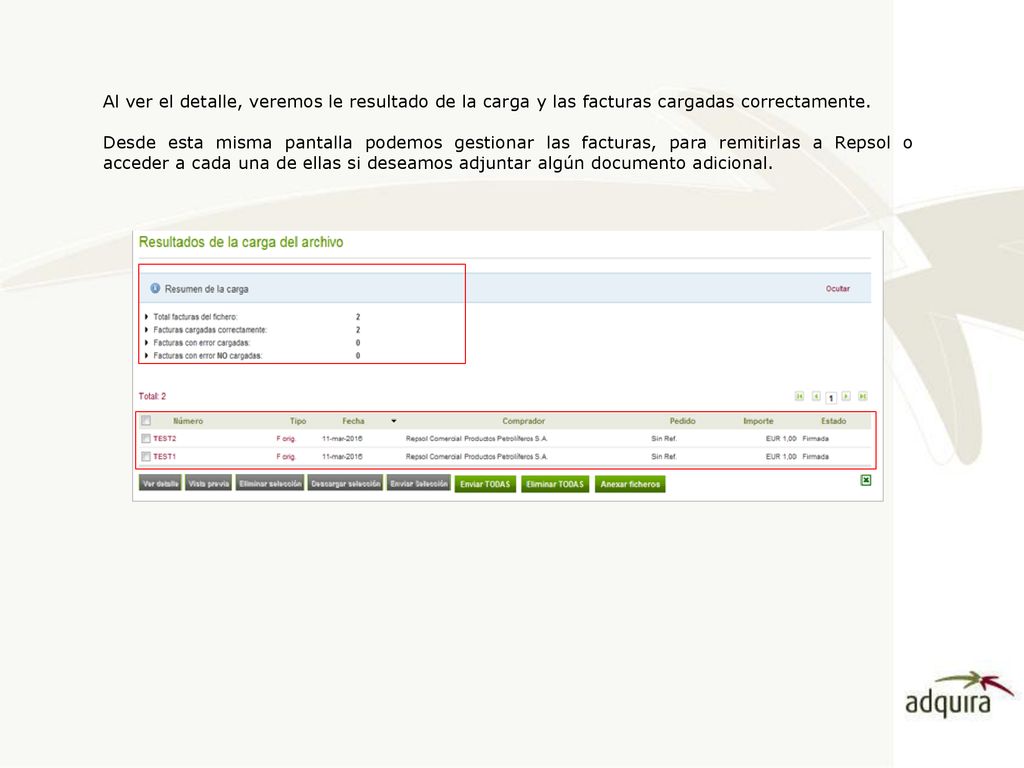 Al ver el detalle, veremos le resultado de la carga y las facturas cargadas correctamente.