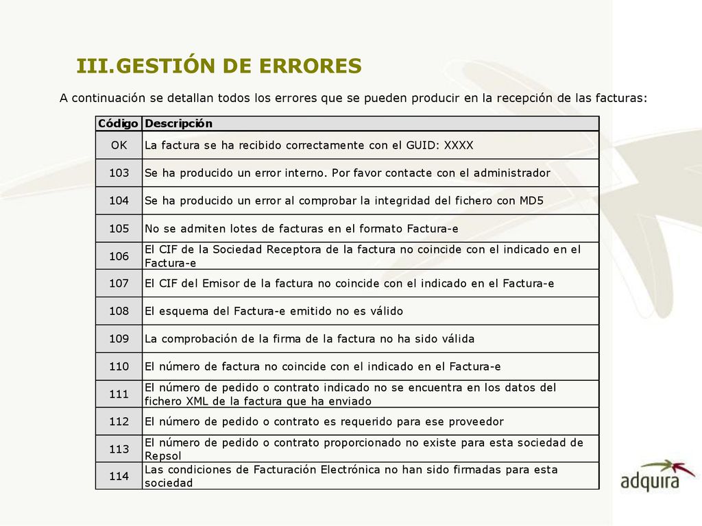 GESTIÓN DE ERRORES A continuación se detallan todos los errores que se pueden producir en la recepción de las facturas: