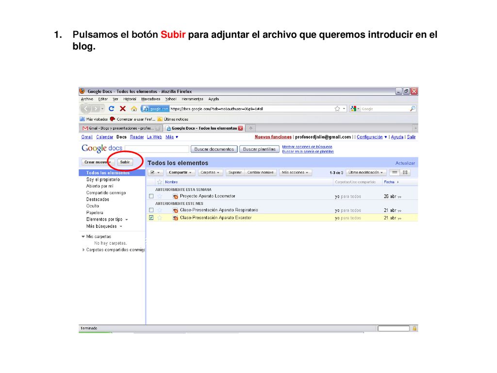 Pulsamos el botón Subir para adjuntar el archivo que queremos introducir en el blog.