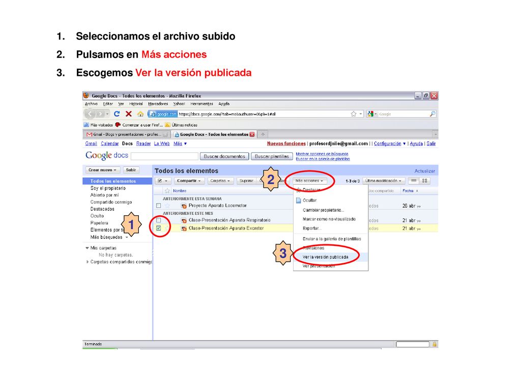 2 1 3 Seleccionamos el archivo subido Pulsamos en Más acciones