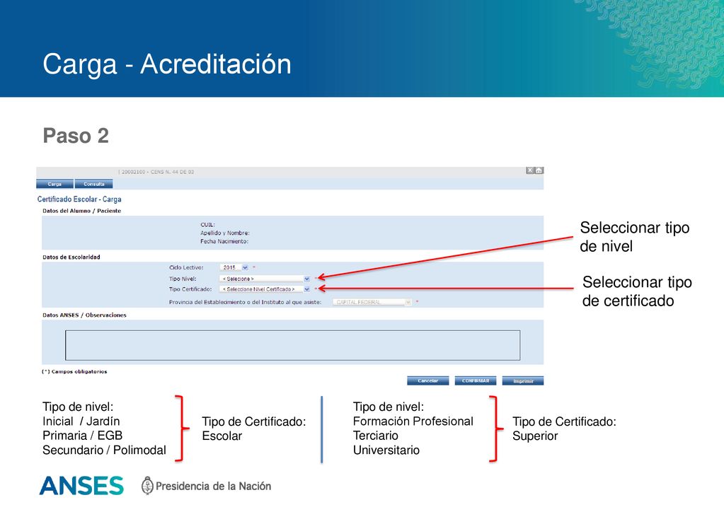 Carga - Acreditación Paso 2 Seleccionar tipo de nivel