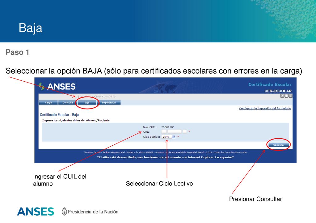 Baja Paso 1. Seleccionar la opción BAJA (sólo para certificados escolares con errores en la carga)
