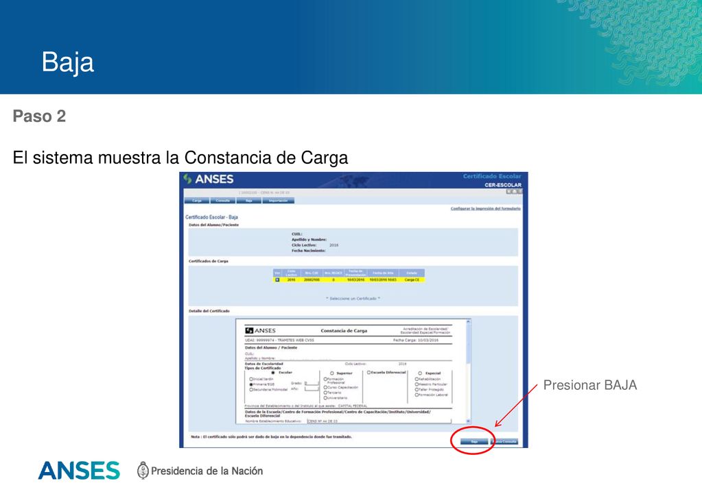 Baja Paso 2 El sistema muestra la Constancia de Carga Presionar BAJA