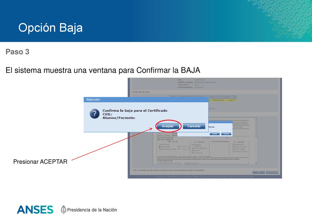 Opción Baja El sistema muestra una ventana para Confirmar la BAJA