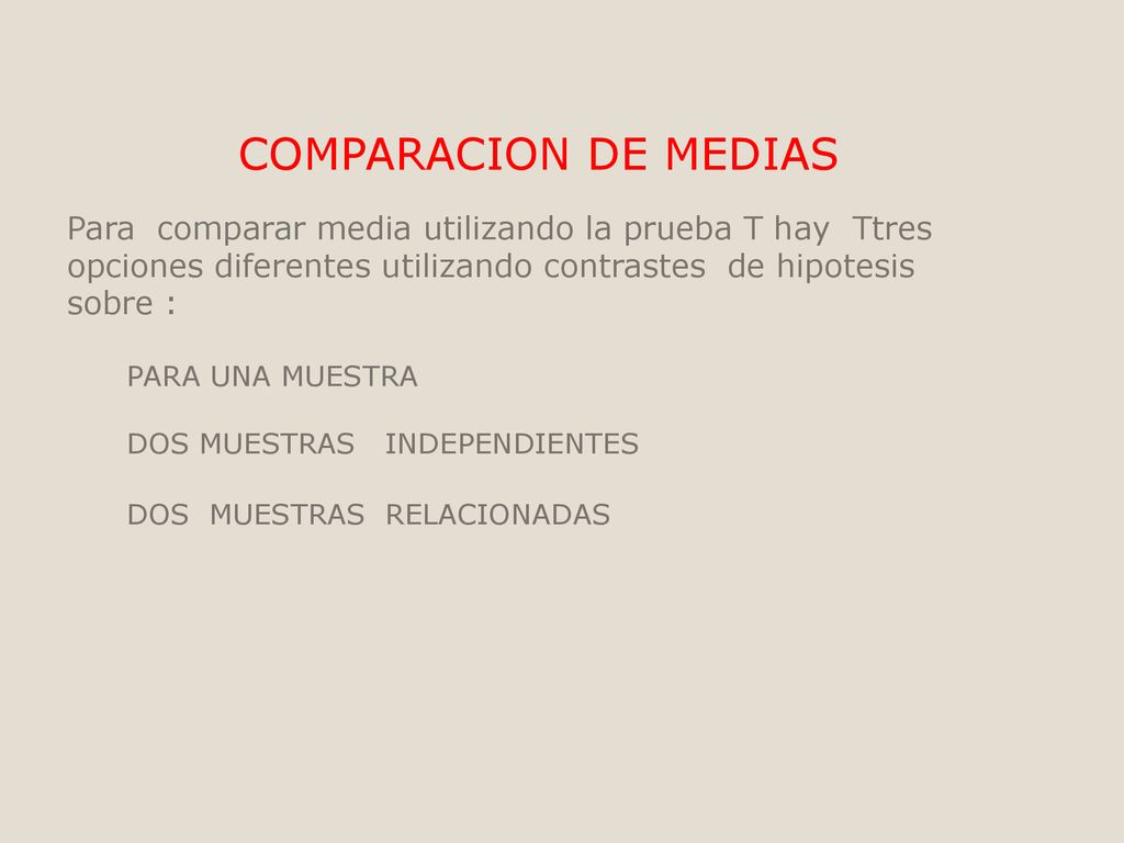 COMPARACION DE MEDIAS Para comparar media utilizando la prueba T hay Ttres opciones diferentes utilizando contrastes de hipotesis sobre :