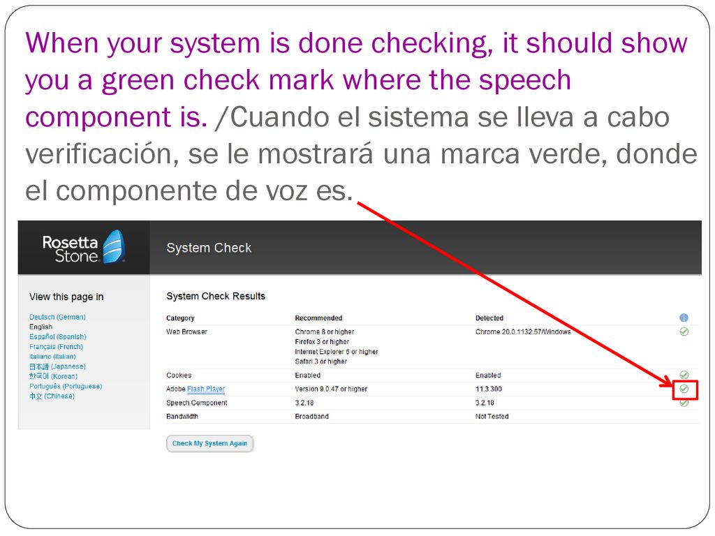 When your system is done checking, it should show you a green check mark where the speech component is.