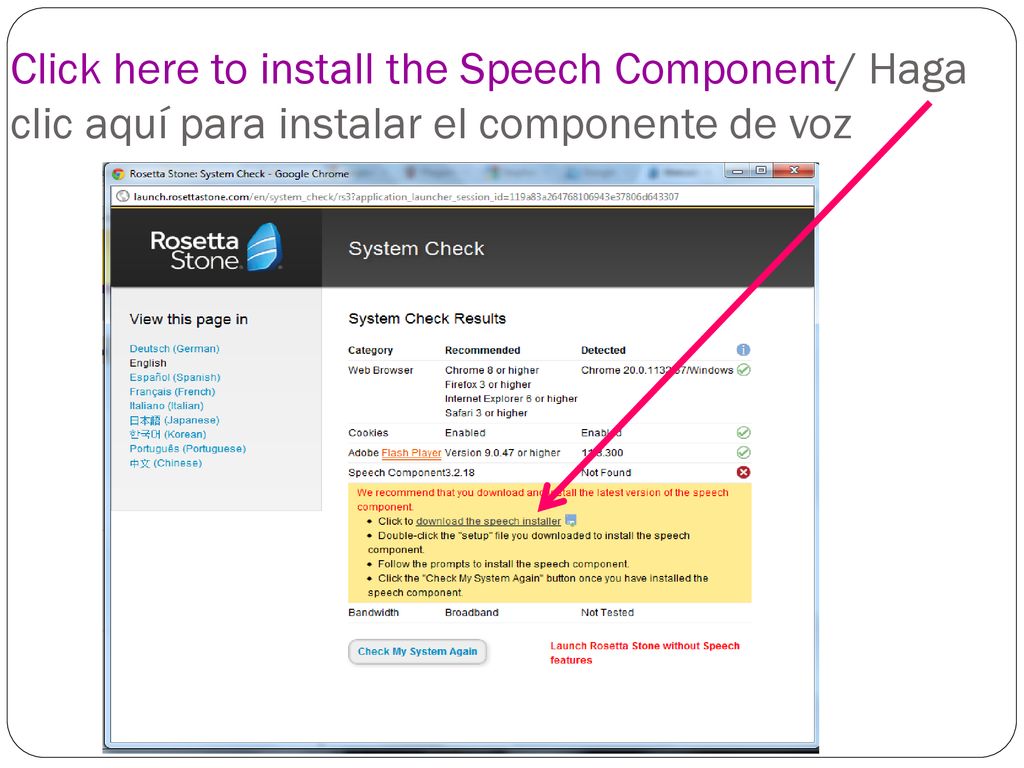 Click here to install the Speech Component/ Haga clic aquí para instalar el componente de voz
