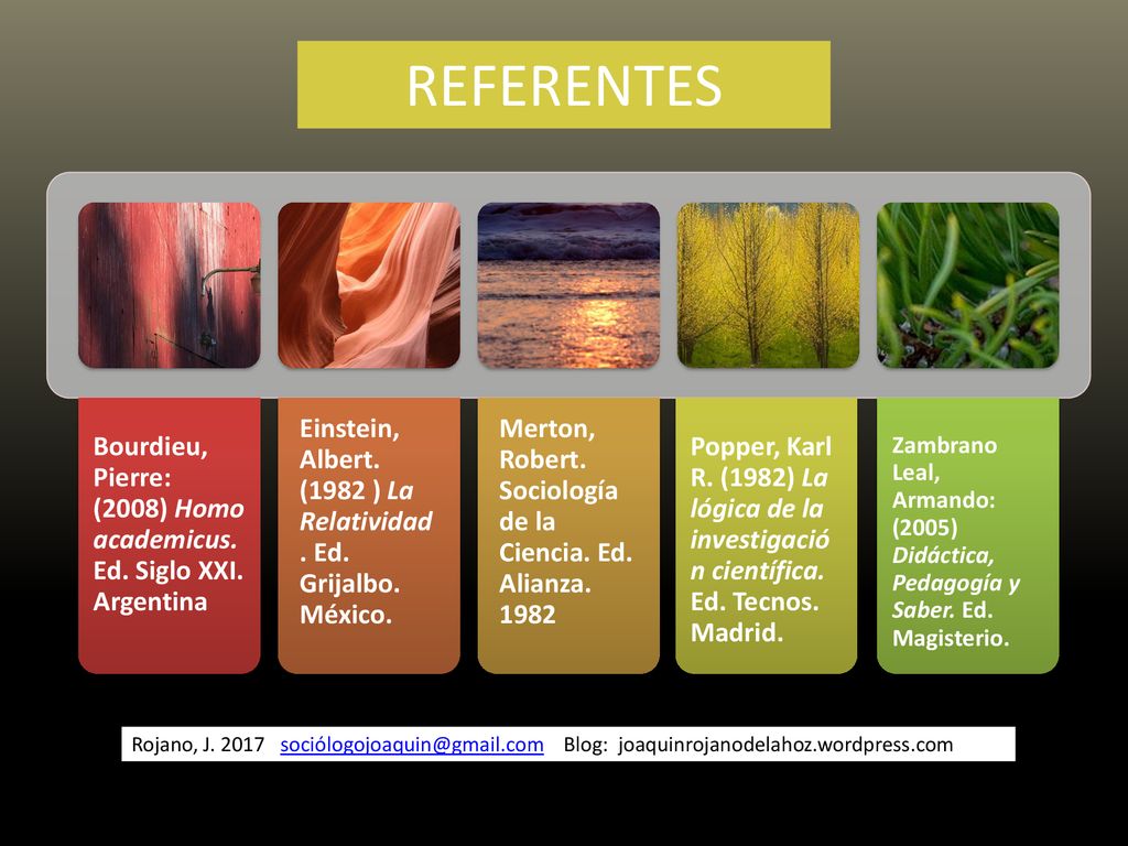 REFERENTES Bourdieu, Pierre: (2008) Homo academicus. Ed. Siglo XXI. Argentina. Einstein, Albert. (1982 ) La Relatividad. Ed. Grijalbo. México.