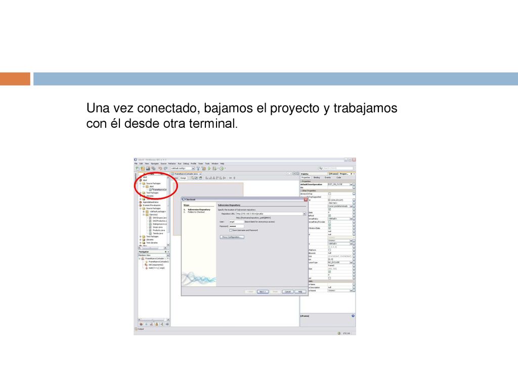 Una vez conectado, bajamos el proyecto y trabajamos con él desde otra terminal.