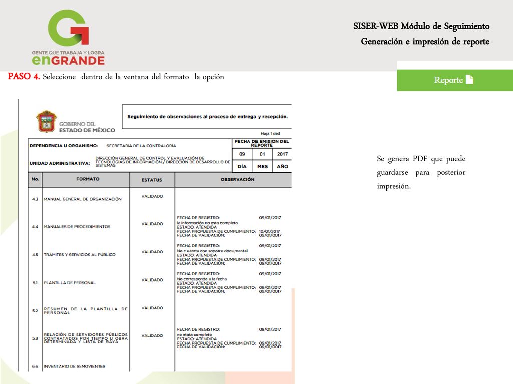 SISER-WEB Módulo de Seguimiento Generación e impresión de reporte