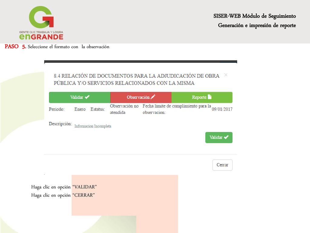 SISER-WEB Módulo de Seguimiento Generación e impresión de reporte