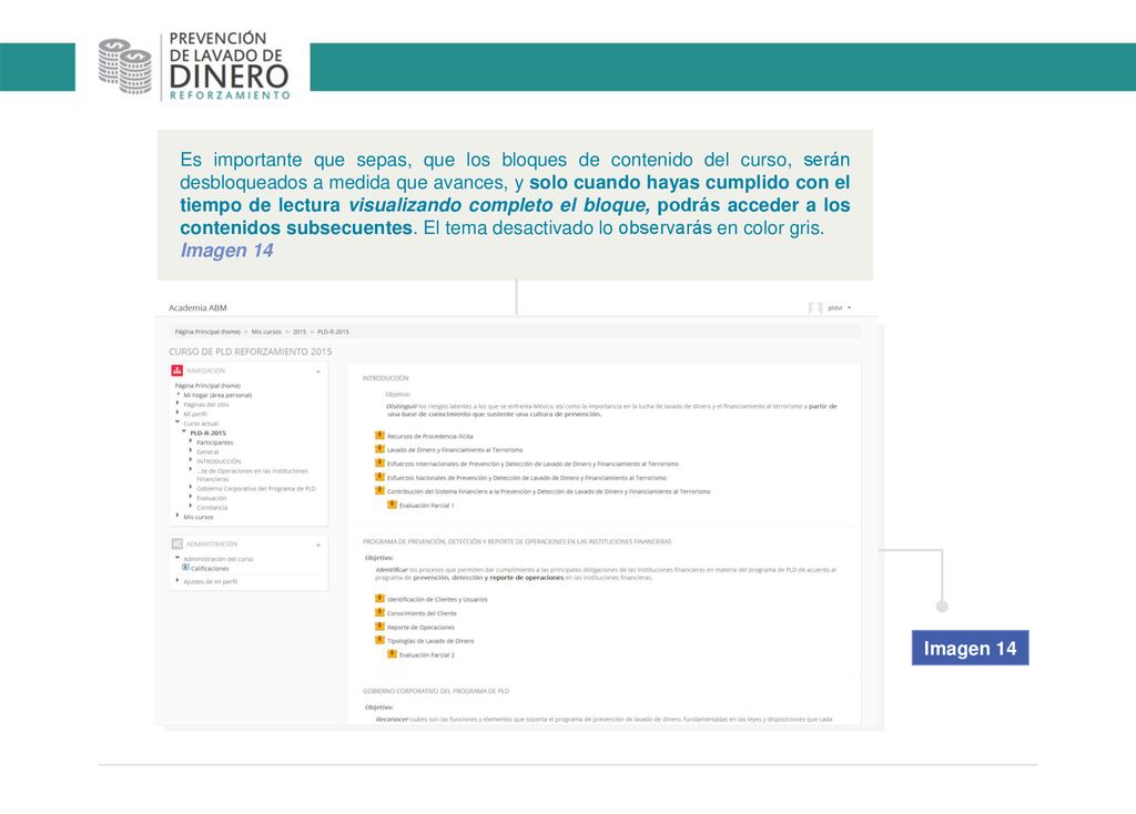 Es importante que sepas, que los bloques de contenido del curso, serán desbloqueados a medida que avances, y solo cuando hayas cumplido con el tiempo de lectura visualizando completo el bloque, podrás acceder a los contenidos subsecuentes. El tema desactivado lo observarás en color gris.