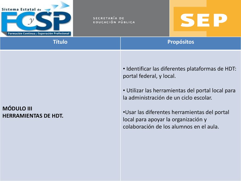 Título Propósitos. MÓDULO III. HERRAMIENTAS DE HDT. Identificar las diferentes plataformas de HDT: portal federal, y local.