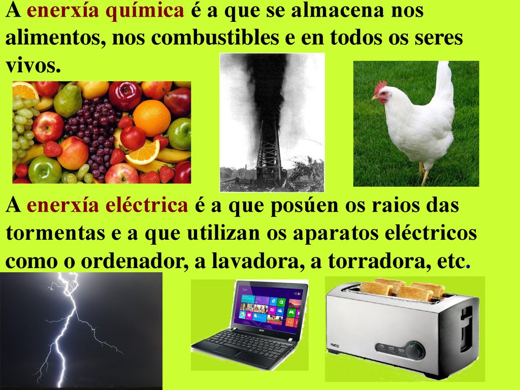 A enerxía química é a que se almacena nos alimentos, nos combustibles e en todos os seres vivos.
