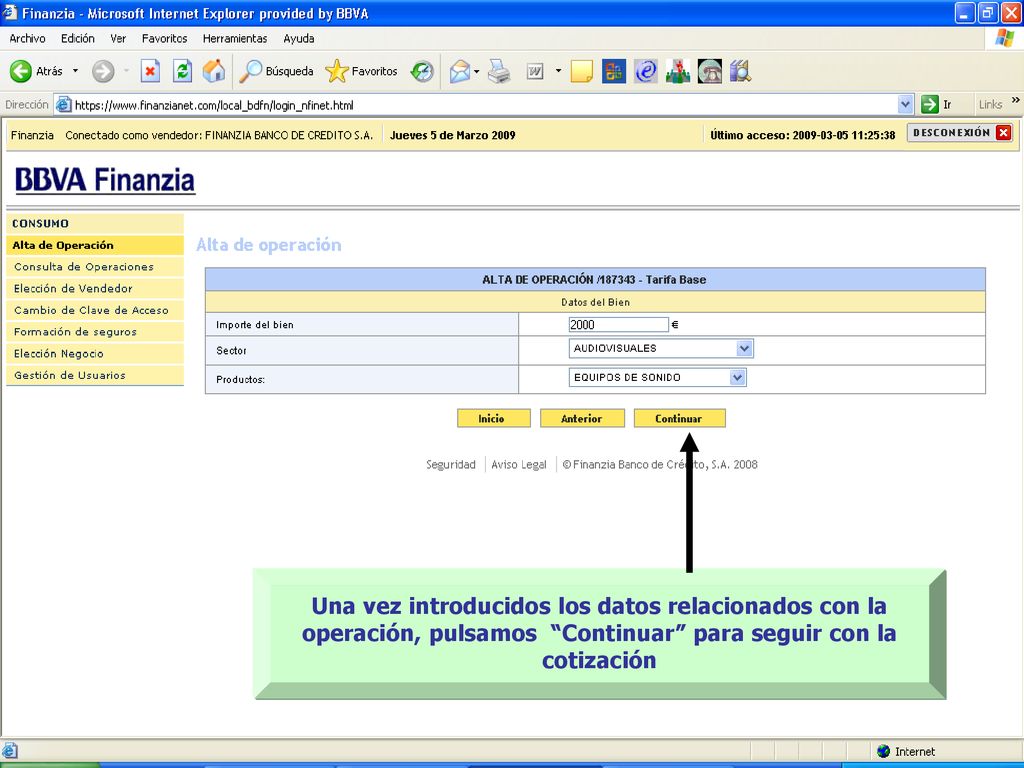 Una vez introducidos los datos relacionados con la operación, pulsamos Continuar para seguir con la cotización