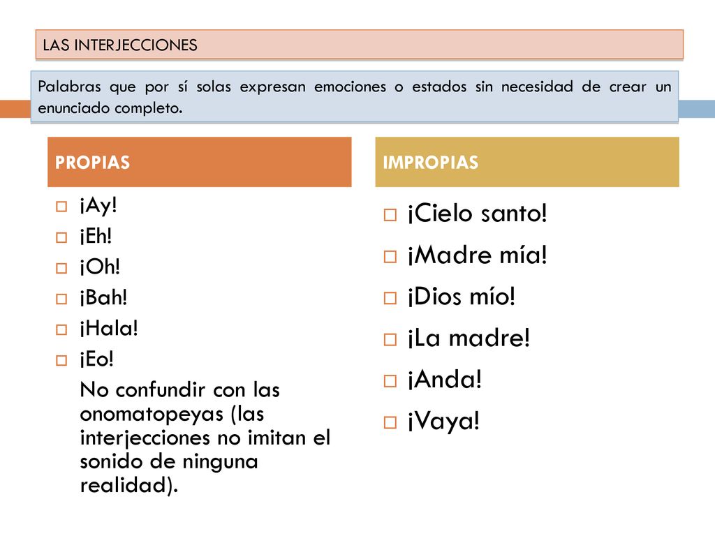 ¡Cielo santo! ¡Madre mía! ¡Dios mío! ¡La madre! ¡Anda! ¡Vaya! ¡Ay!