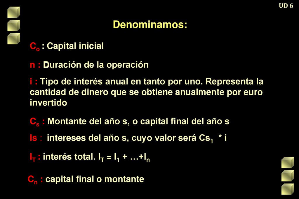 Denominamos: Co : Capital inicial n : Duración de la operación