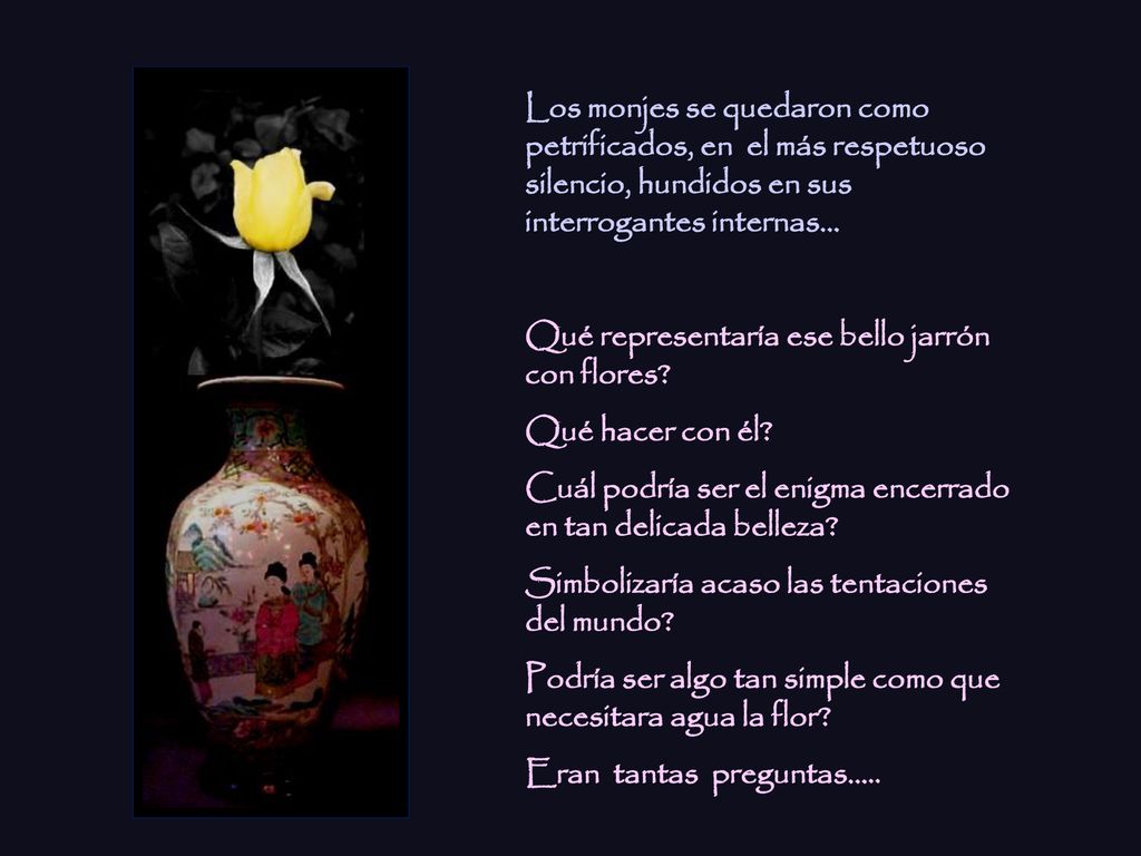 Los monjes se quedaron como petrificados, en el más respetuoso silencio, hundidos en sus interrogantes internas…