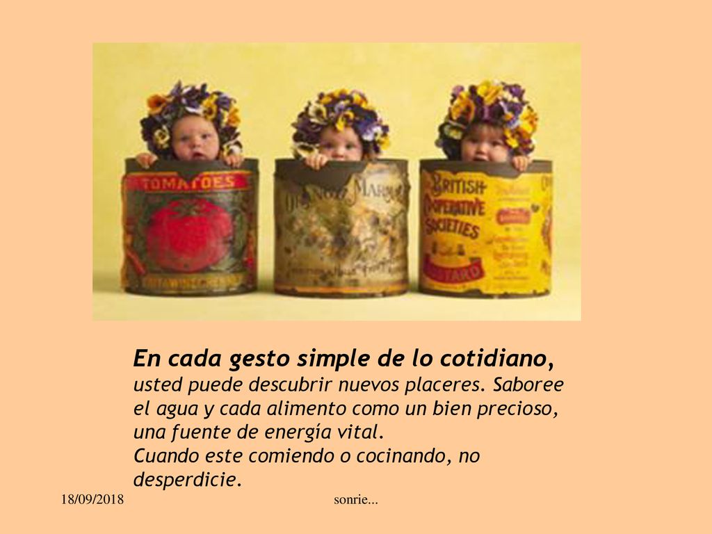 En cada gesto simple de lo cotidiano, usted puede descubrir nuevos placeres. Saboree el agua y cada alimento como un bien precioso,