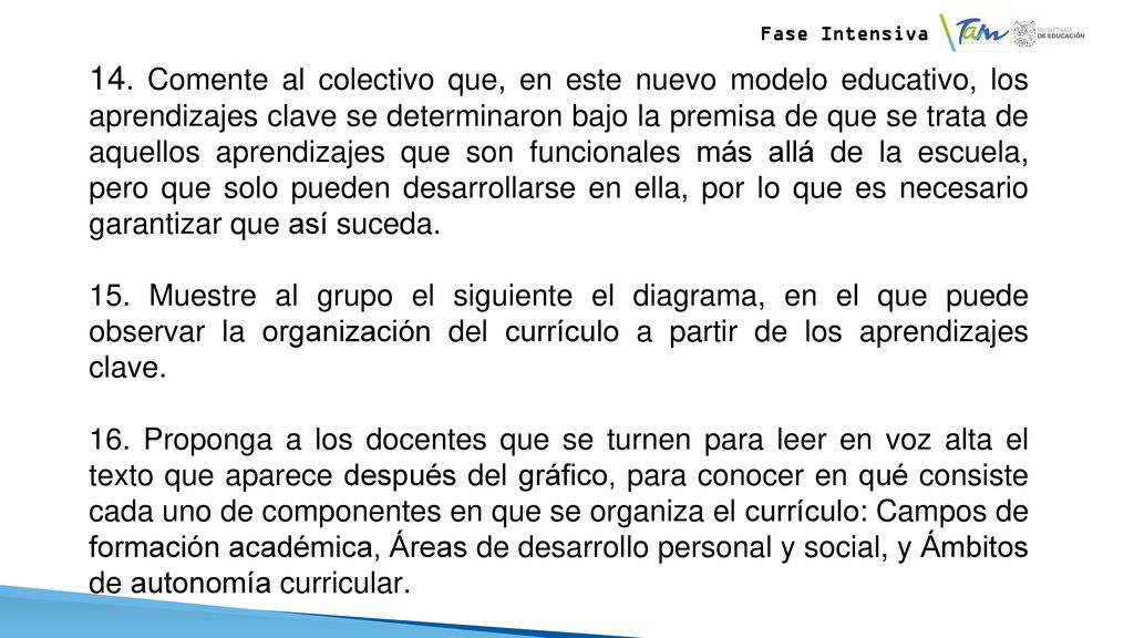 14. Comente al colectivo que, en este nuevo modelo educativo, los aprendizajes clave se determinaron bajo la premisa de que se trata de aquellos aprendizajes que son funcionales más allá de la escuela, pero que solo pueden desarrollarse en ella, por lo que es necesario garantizar que así suceda.