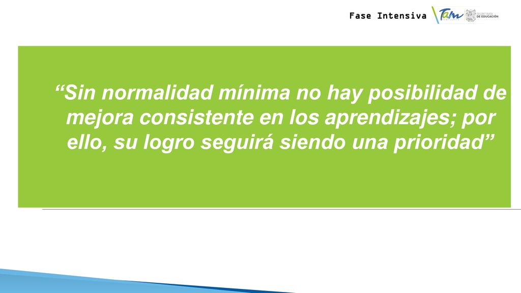 Fase Intensiva Sin normalidad mínima no hay posibilidad de mejora consistente en los aprendizajes; por ello, su logro seguirá siendo una prioridad