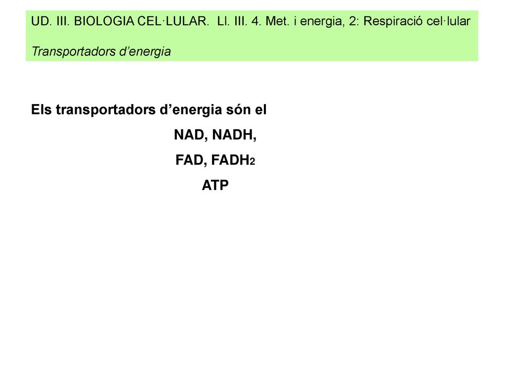 Els transportadors d’energia són el NAD, NADH, FAD, FADH2 ATP
