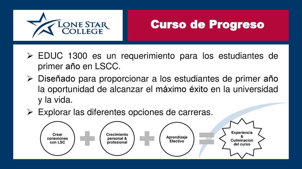 Curso de Progreso EDUC 1300 es un requerimiento para los estudiantes de primer año en LSCC.
