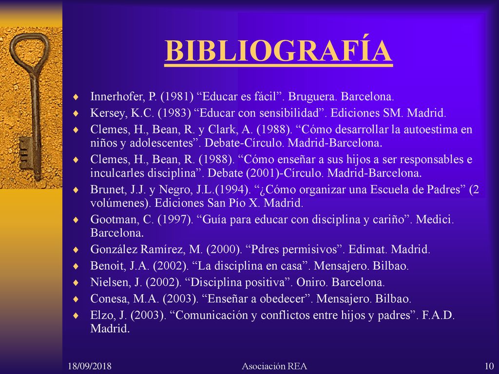 BIBLIOGRAFÍA Innerhofer, P. (1981) Educar es fácil . Bruguera. Barcelona. Kersey, K.C. (1983) Educar con sensibilidad . Ediciones SM. Madrid.