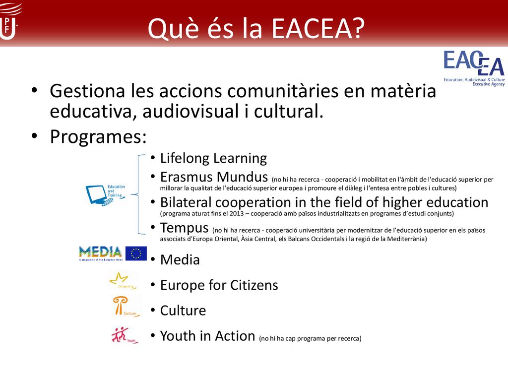 Què és la EACEA Gestiona les accions comunitàries en matèria educativa, audiovisual i cultural. Programes: