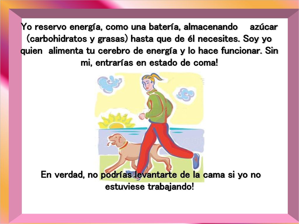 Yo reservo energía, como una batería, almacenando azúcar (carbohidratos y grasas) hasta que de él necesites. Soy yo quien alimenta tu cerebro de energía y lo hace funcionar. Sin mi, entrarías en estado de coma!