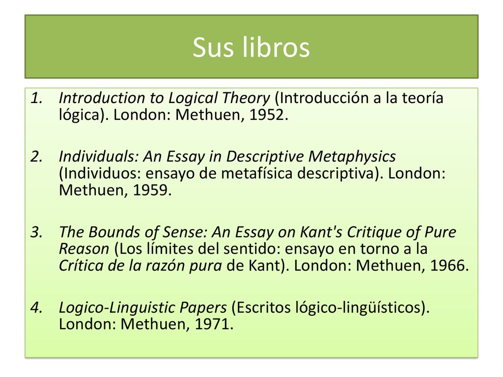 Sus libros Introduction to Logical Theory (Introducción a la teoría lógica). London: Methuen,