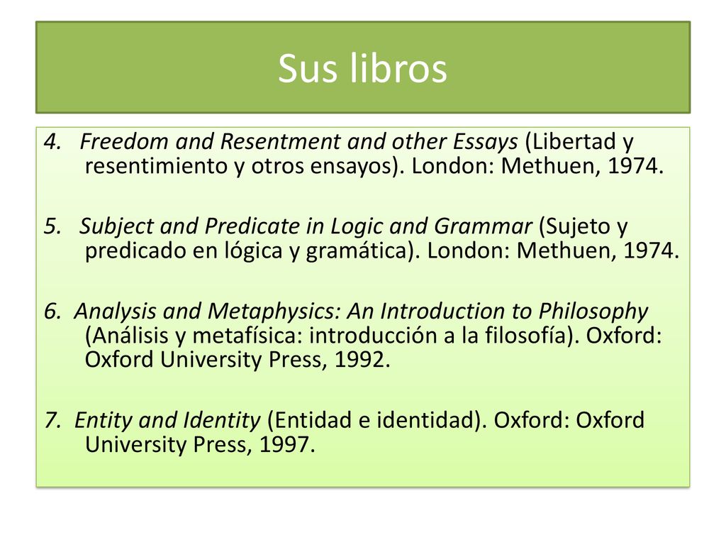 Sus libros 4. Freedom and Resentment and other Essays (Libertad y resentimiento y otros ensayos). London: Methuen,