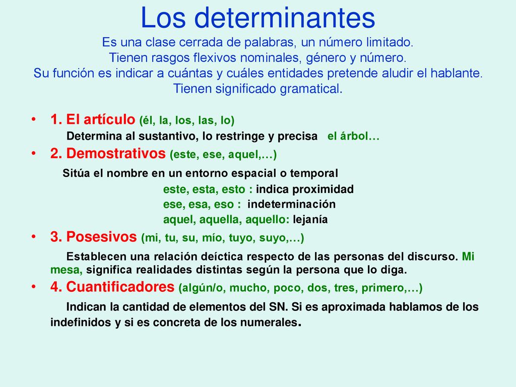 Los determinantes Es una clase cerrada de palabras, un número limitado