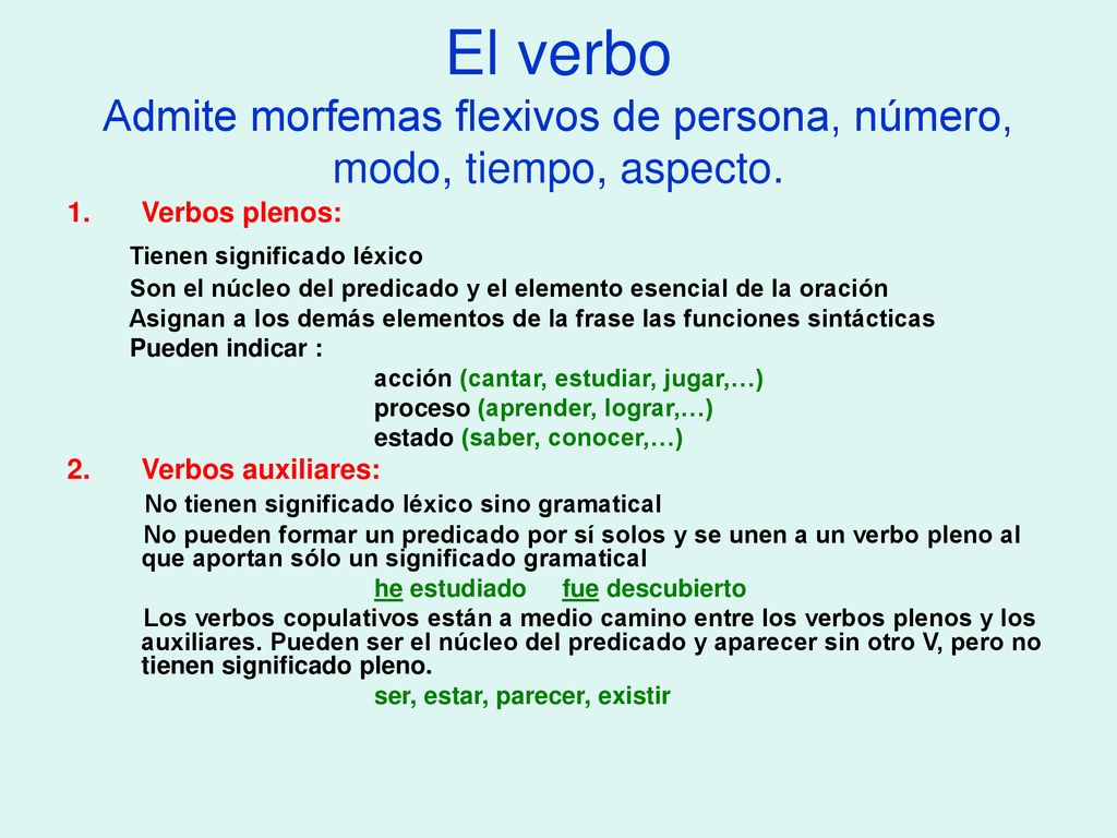 El verbo Admite morfemas flexivos de persona, número, modo, tiempo, aspecto.