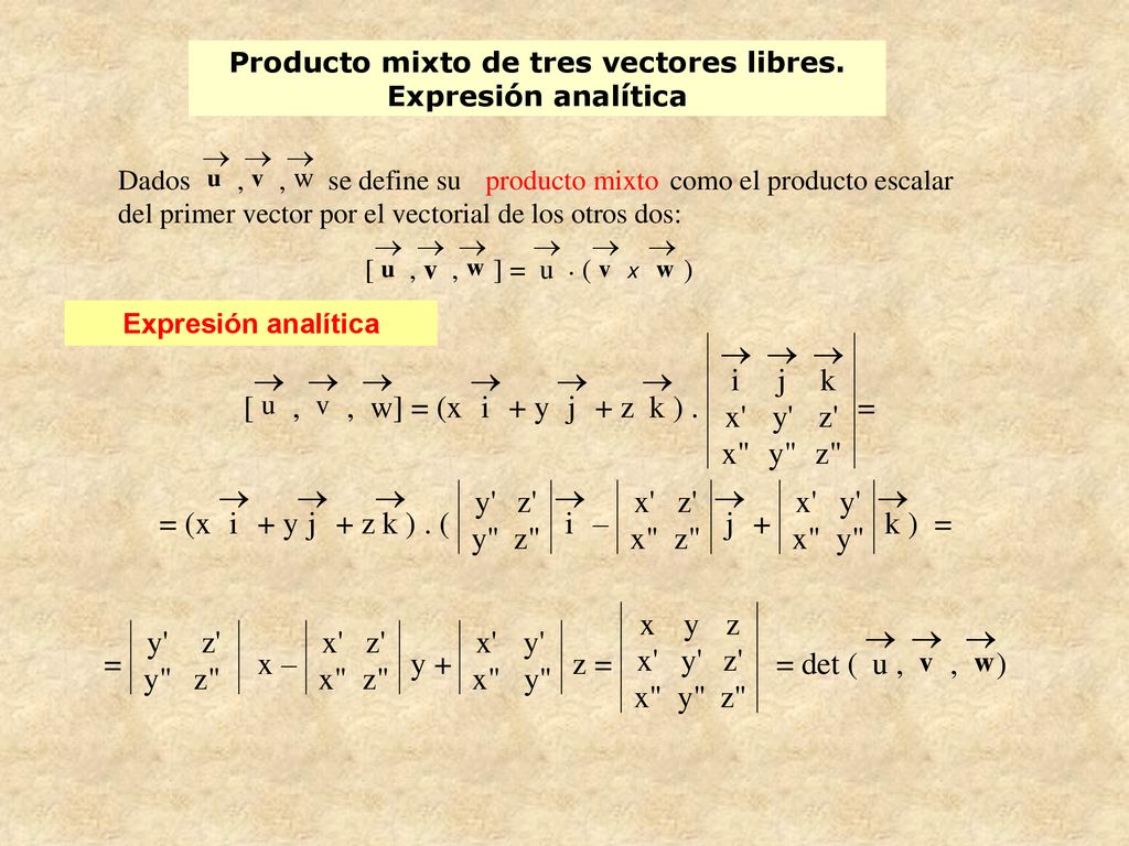 Producto mixto de tres vectores libres. Expresión analítica