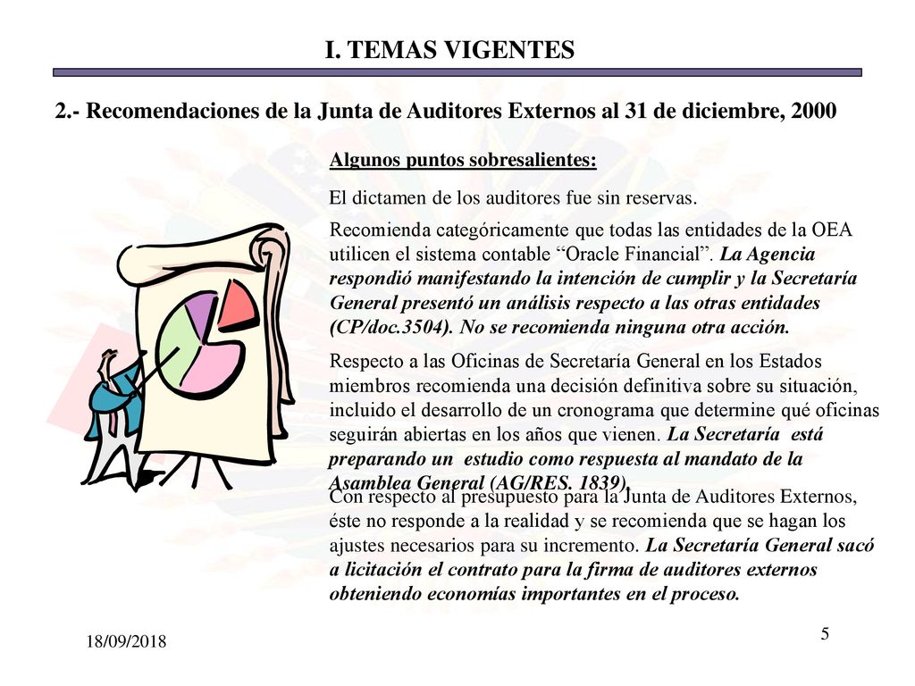 I. TEMAS VIGENTES 2.- Recomendaciones de la Junta de Auditores Externos al 31 de diciembre, Algunos puntos sobresalientes: