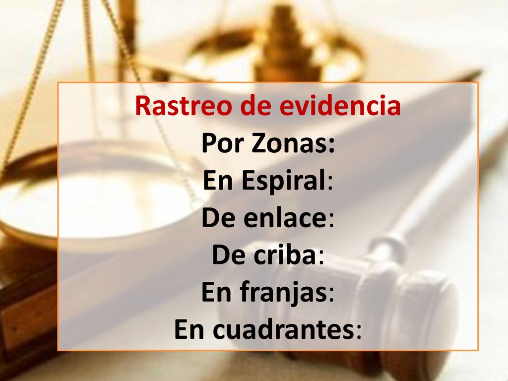 Rastreo de evidencia Por Zonas: En Espiral: De enlace: De criba: En franjas: En cuadrantes: