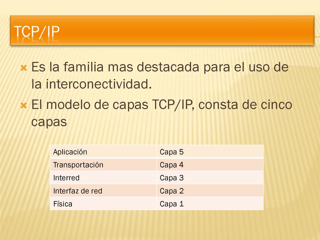 TCP/IP Es la familia mas destacada para el uso de la interconectividad. El modelo de capas TCP/IP, consta de cinco capas.