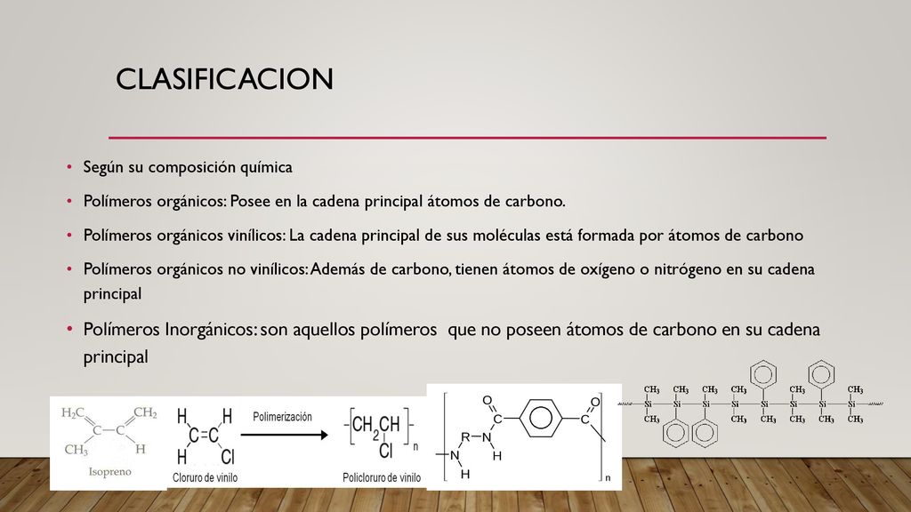 Clasificacion Según su composición química. Polímeros orgánicos: Posee en la cadena principal átomos de carbono.