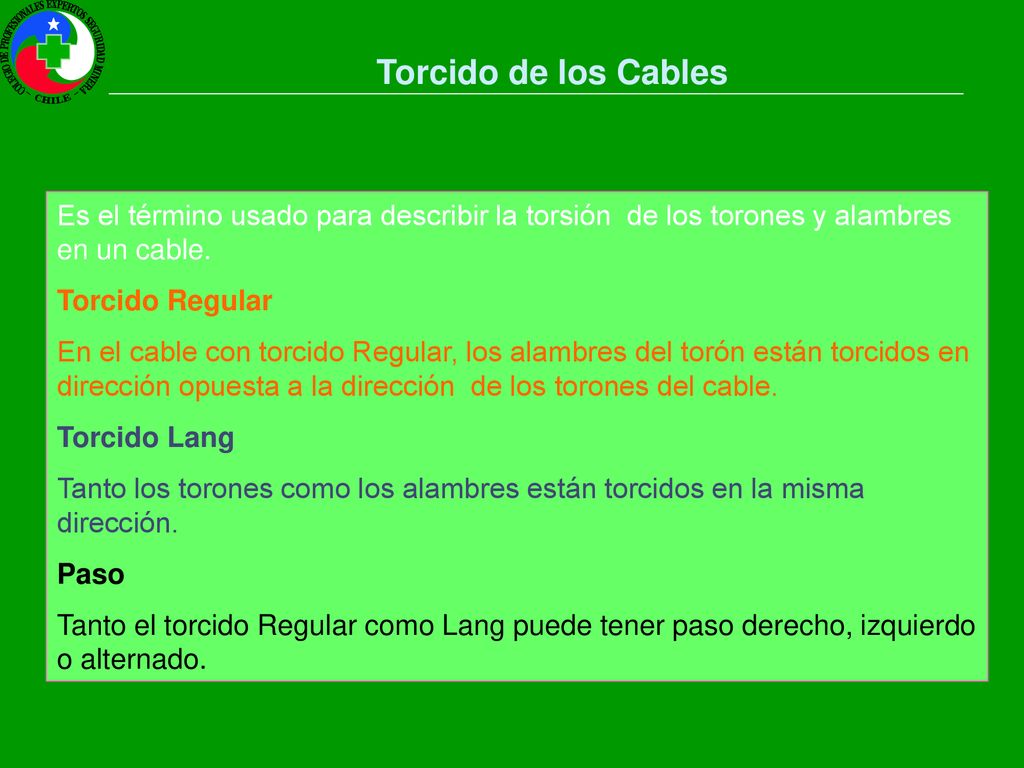 Torcido de los Cables Es el término usado para describir la torsión de los torones y alambres en un cable.
