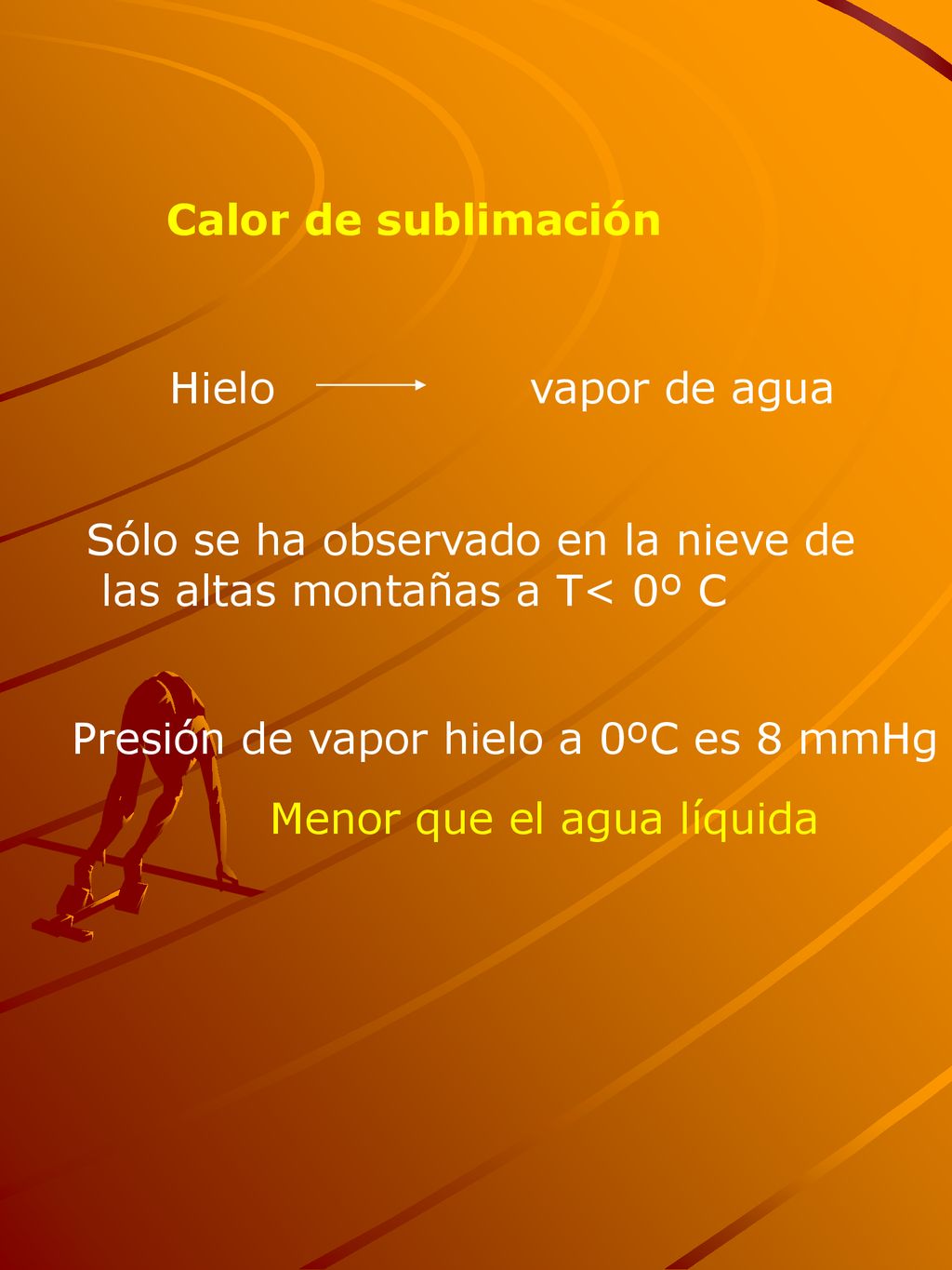 Calor de sublimación Hielo vapor de agua. Sólo se ha observado en la nieve de. las altas montañas a T< 0º C.