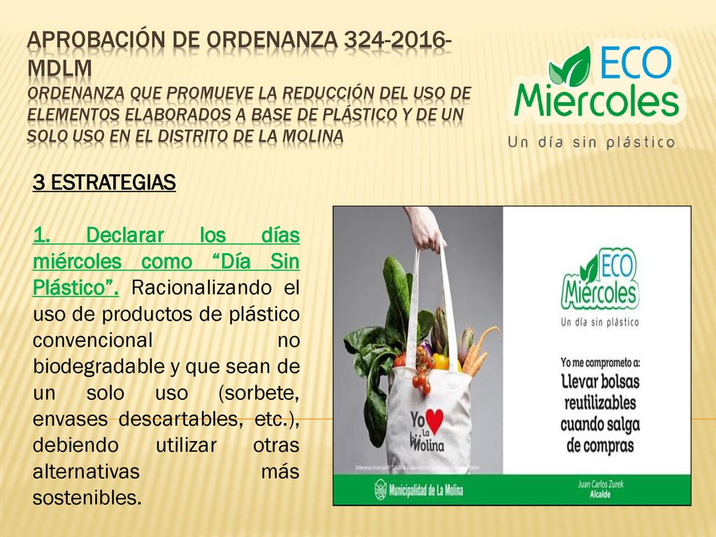 Aprobación de Ordenanza MDLM Ordenanza que promueve la reducción del uso de elementos elaborados a base de plástico y de un solo uso en el distrito de La Molina