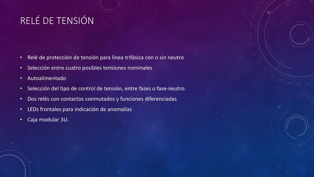 Relé de tensión Relé de protección de tensión para línea trifásica con o sin neutro. Selección entre cuatro posibles tensiones nominales.