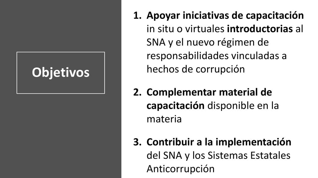 Apoyar iniciativas de capacitación in situ o virtuales introductorias al SNA y el nuevo régimen de responsabilidades vinculadas a hechos de corrupción