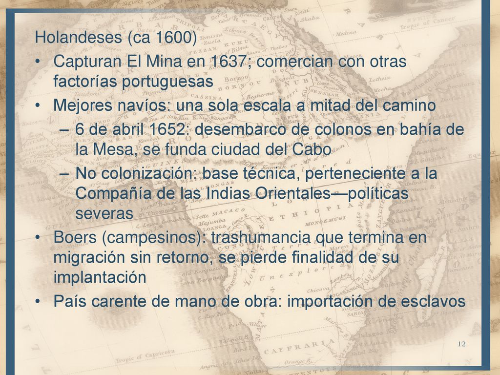 Holandeses (ca 1600) Capturan El Mina en 1637; comercian con otras factorías portuguesas. Mejores navíos: una sola escala a mitad del camino.