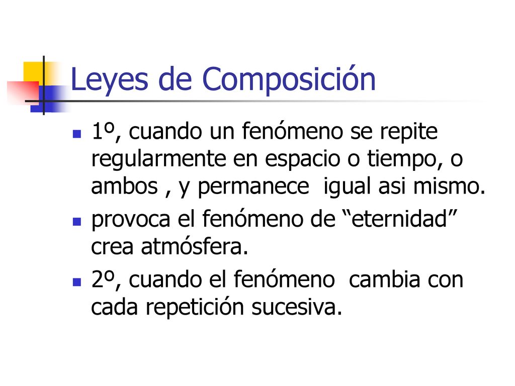 Leyes de Composición 1º, cuando un fenómeno se repite regularmente en espacio o tiempo, o ambos , y permanece igual asi mismo.
