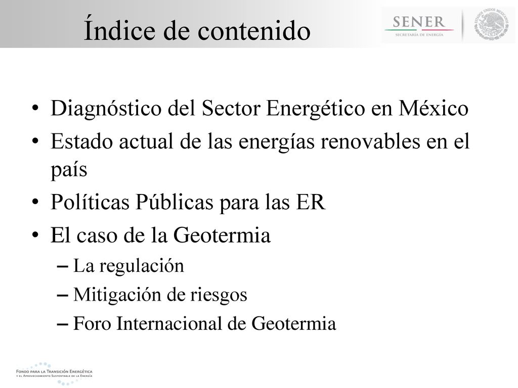 Índice de contenido Diagnóstico del Sector Energético en México